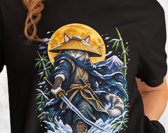 Ronin Samurai Cat Shirt Snowy Bamboo Forest Japanese Warrior Graphic Tee Gift
