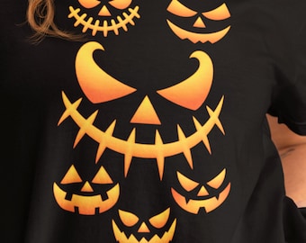 Smiling Pumpkin Faces Graphic Tee | Spooky Halloween Gift Jack O Lantern Shirt
