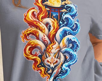 Nine Tailed Fox Graphic T-Shirt | Japanese Kitsune Art Gift for Anime Lovers