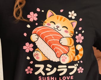 Sushi Love Cat Shirt Japanese Feline Graphic Tee Kawaii Noodle Roll Lover Gift