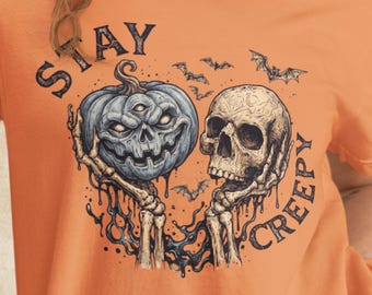 Stay Creepy Skull T-Shirt | Pumpkin Halloween Graphic Gift for Spooky Fall Season