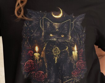 Occult Cat Graphic T-Shirt | Black Cat Witch Design Gift for Dark Fantasy Fans