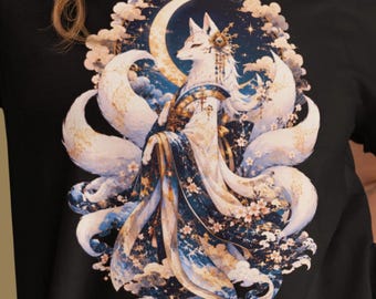 Moonlit Fox Spirit T-Shirt | Kitsune Graphic Illustration Gift for Fantasy Fans
