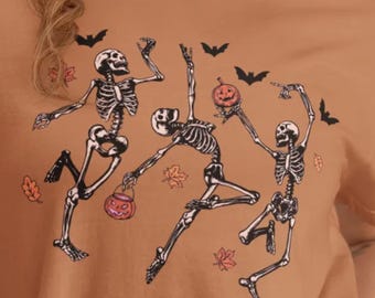 Dancing Skeletons T-Shirt | Pumpkin Halloween Gift for Spooky Fall Season