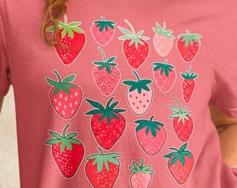 Strawberry T-Shirt, Cute Berry Graphic Tee, Cottagecore Fruit Shirt, Short Sleeve, Long Sleeve & V-Neck, Summer Gift