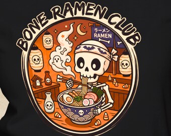 Bone Ramen Club T-Shirt | Skeleton Eating Noodles Graphic Gift for Anime Lovers