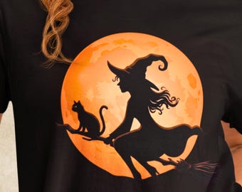 Witch on Broomstick T-Shirt | Silhouette Moon Graphic Gift for Spooky Fall Season