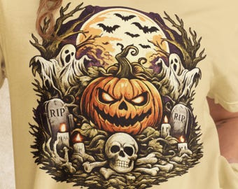 Jack O Lantern Graveyard T-Shirt | Pumpkin Graphic Halloween Gift for Fall