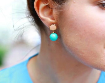 Peach blue Post Earrings /  Geometric hexagon earrings /  Dainty jewelry / Gift for her