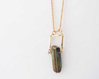 Titanium Point Crystal Necklace. Rainbow Raw  Quartz Crystal Spike Necklace