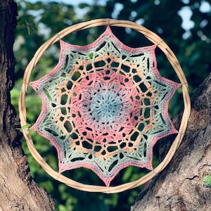 May include: A handmade dreamcatcher with a circular wooden frame. The intricate crochet design features a starburst pattern in pastel colors, including pink, blue, green, and yellow. The dreamcatcher is suspended against a backdrop of green foliage and a blue sky.