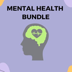 Op de afbeelding: Afbeelding met de tekst "MENTAL HEALTH BUNDLE" in zwart. Een grijs silhouet van een hoofd met een groen hartvormig brein met een hartslaglijn. De achtergrond is lavendel met gele en oranje vormen.