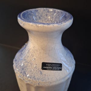 Pode incluir: Um vaso de cerâmica branco com um design salpicado azul. O vaso tem uma borda larga e alargada e um corpo bulboso. Uma etiqueta preta com texto branco é afixada ao vaso.