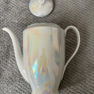 Large Ćmielów Feston Coffee Pot - Iridescent Pearl Luster -Vintage Polish Art Deco Style Porcelain -MCM Teapot Replacement + Bonus SugarBowl