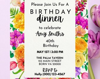 Floral Dinner Party Invitation | Customizable Canva Party Invite (Digital Download)