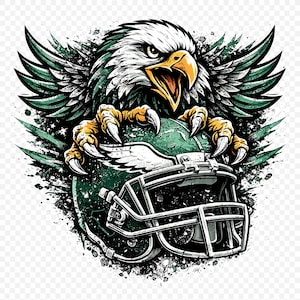 May include: A graphic illustration of a bald eagle clutching a green American football helmet with its talons. The eagle has white and black feathers, a yellow beak, and is set against a black and green splatter background.