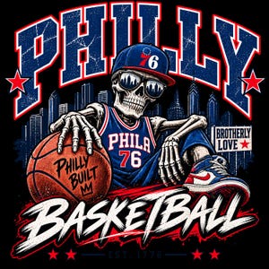 以下が含まれることがあります： 76の数字が入った青いキャップ、サングラス、PHILA 76と書かれた青いジャージを着用した骸骨のグラフィックイラスト。骸骨はPHILLY BUILTと書かれたバスケットボールを持っている。テキストにはPHILLY、BASKETBALL、BROTHERLY LOVEが含まれる。