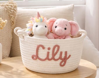 Custom Nursery Basket with Name, Personalized Cotton Rope Basket, Baby Shower Gift, Toy Storage Basket, Minimalist Nursery Decor