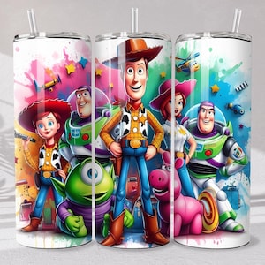 May include: Three stainless steel tumblers with illustrations of Toy Story characters. The designs include Woody, Buzz Lightyear, Jessie, and other characters, set against a watercolor background with stars and other elements. Each tumbler has a straw.