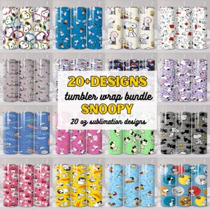 May include: A collection of 20 oz sublimation designs featuring Snoopy and other Peanuts characters. Tumblers showcase various designs, including Snoopy in different poses, hearts, and patterns. The designs are in a variety of colors, including blue, pink, yellow, and black.