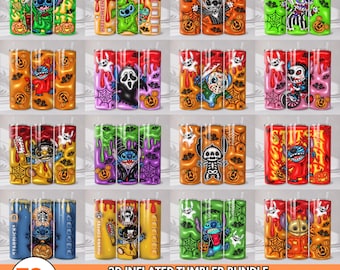May include: A collection of cylindrical tumblers featuring various Halloween-themed designs with characters like Stitch, ghosts, pumpkins, and spiderwebs. The graphics include vibrant colors such as orange, green, purple, and red, with some designs incorporating text like Halloween Coffee.