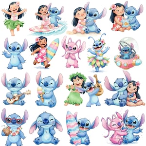 Peut inclure: Une collection d'illustrations numériques représentant le personnage extraterrestre bleu Stitch et une jeune fille aux cheveux noirs. Les personnages sont montrés dans diverses activités comme le surf, le ukulélé, la glace et les colliers de fleurs.