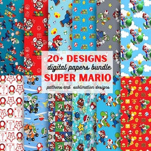 May include: A collection of digital paper designs featuring Super Mario characters and elements. The designs include various patterns with Mario, Luigi, Yoshi, and other characters, along with stars, question blocks, and mushrooms. Text on the image reads "20+ DESIGNS digital papers bundle SUPER MARIO patterns and sublimation designs."