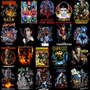 Op de afbeelding: Een verzameling van twintig horror- en sciencefictionfilmposters met iconische personages en titels zoals Zombie, Hocus Pocus, Fright Night, Scarface, The Toxic Avenger, They Live, The Thing, The Terminator, The Exorcist en The Evil Dead.