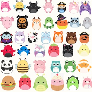 Puede incluir: Una colección de treinta y seis peluches que representan diversos animales, criaturas míticas y alimentos. Los personajes incluyen un gato rosa, una abeja, un murciélago, un unicornio, un pirata, un esqueleto, un ciervo, una rana y un cupcake.