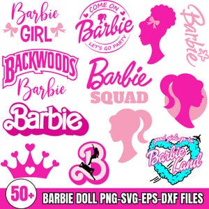 Op de afbeelding: Een verzameling roze Barbie-thema graphics, waaronder tekstontwerpen zoals "Barbie Girl", "Barbie Squad" en "Let's Go Party". Silhouetten van Barbie's profiel en een kroon zijn ook te zien. De afbeelding bevat de tekst "50+ BARBIE DOLL PNG-SVG-EPS-DXF FILES."