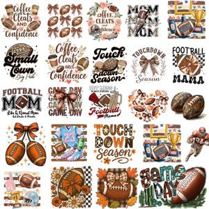 Puede incluir: Una colección de veinte diseños gráficos digitales con temas de fútbol americano, que incluyen balones, cascos, trofeos, camisetas, lazos y frases de texto como Coffee, Cleats and Confidence, Touchdown Season y Game Day en varias fuentes.