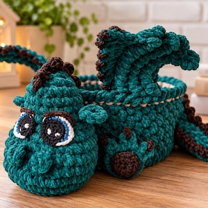 Patrón de ganchillo para cesta de dragón en PDF, cesta de almacenamiento de dragón a ganchillo, cesta amigurumi de fantasía, organizador infantil adorable, patrón de ganchillo para hacer tú mismo