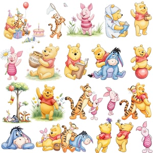 Nalle Puh akvarell digitalt kit, klassisk Nalle Puh PNG Clipart-paket, vintage Puh babyshower, digital nedladdning för barnrum