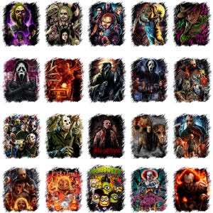 Pode incluir: Uma coleção de vinte impressões gráficas retangulares apresentando vários personagens e temas de filmes de terror, incluindo Beetlejuice, Chucky, Freddy Krueger, Ghostface, Jason Voorhees, Pennywise e um grupo de minions com fantasias de Halloween.