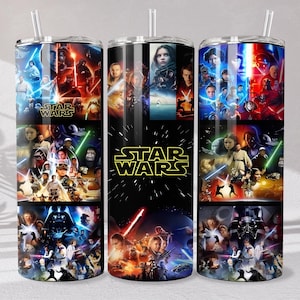 May include: Three stainless steel tumblers with Star Wars themed designs. Each tumbler features a collage of characters and scenes from the Star Wars films. The center tumbler has the Star Wars logo in yellow.