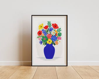 Wazon z kwiatami w stylu Matisse'a – kolorowa, botaniczna sztuka ścienna, dekoracja dopaminowa