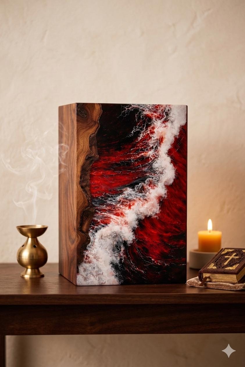 Handcrafted Wooden Urn Box | Red Resin Ocean Wave Memorial Ashes ...