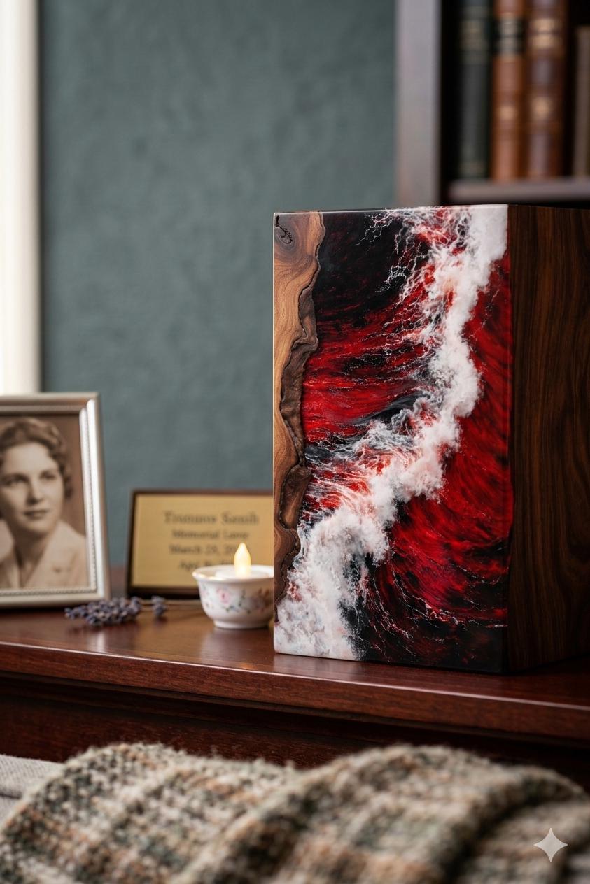 Handcrafted Wooden Urn Box | Red Resin Ocean Wave Memorial Ashes ...