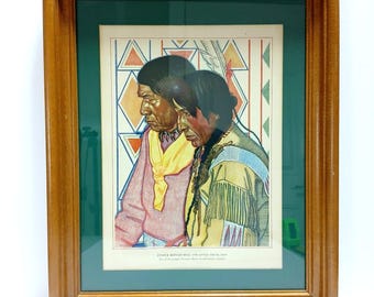 Vtg-litho. Afdrukken "Jeneverbes Buffalo Bull & Little Young Man, Blackfoot-indianen GUC