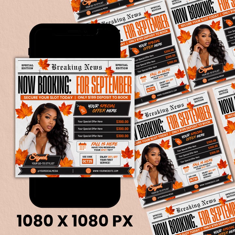 September Booking Flyer, September Books Open, Newspaper Booking Flyer, Fall Books, Beauty Hair Lash Nails Canva Template, Instant Download