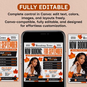 September Booking Flyer, September Books Open, Newspaper Booking Flyer, Fall Books, Beauty Hair Lash Nails Canva Template, Instant Download