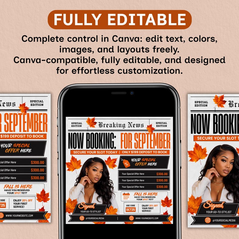 September Booking Flyer, September Books Open, Newspaper Booking Flyer, Fall Books, Beauty Hair Lash Nails Canva Template, Instant Download