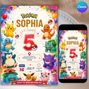 Pokemon Birthday Invitation, Editable Pokemon, Pikachu Theme Party Invite, Digital Download, Canva Template, Digital Template for Kids Canva