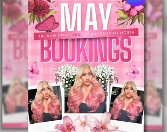 Folleto de reservas de mayo, Folleto de reservas para el Día de la Madre, Peluquería de mayo, Reservas abiertas para mayo, Folleto de citas de mayo, Reserva ahora para mayo, Folleto de extensiones de pestañas, uñas, trenzas y pelucas de mayo