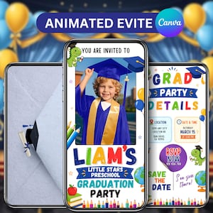 May include: Animated graduation party invitation on a smartphone screen. The design features a child in a graduation gown, text that reads "Liam's Little Stars Preschool Graduation Party", and details for the event.