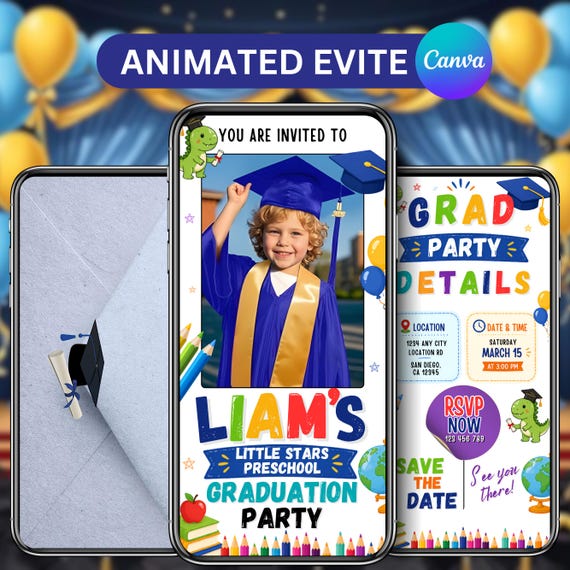 Blue Preschool Graduation Video Invitation, Pre-K Grad Digital Invites, Kids Editable Template, Graduation Evite, Instant Download