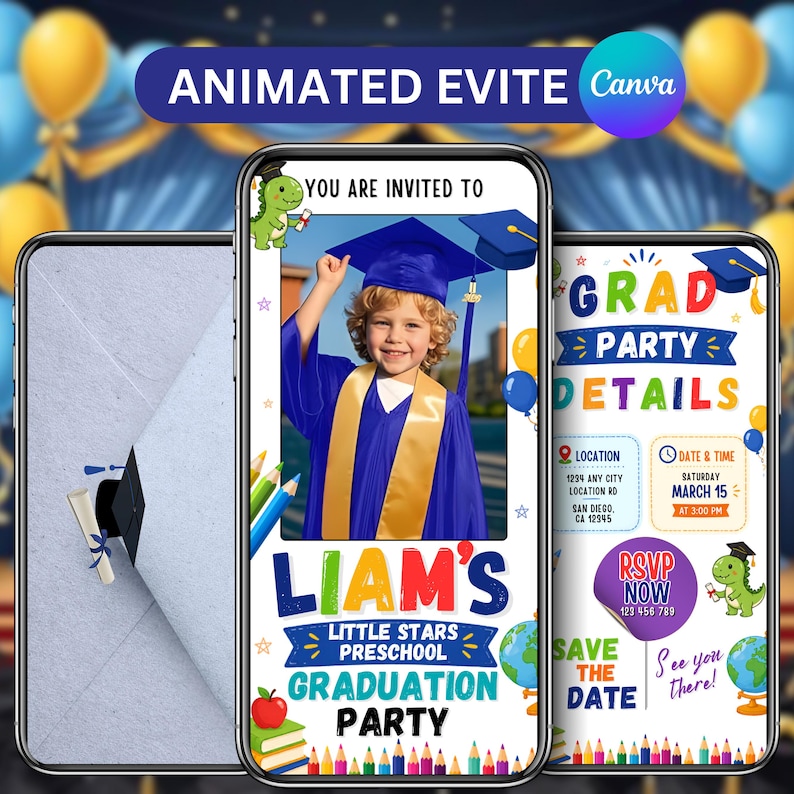 Blue Preschool Graduation Video Invitation, Pre-K Grad Digital Invites, Kids Editable Template, Graduation Evite, Instant Download