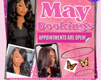 May Booking Flyer Template, Now Booking Beauty Flyer, May Appointments Open, Hair Nails Lashes Makeup Flyer, DIY Text, Instant Download