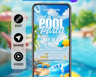 May include: A smartphone displaying an animated digital invitation for an End of School Pool Party on July 12 at 5:00 PM at The Wilson Residence, 789 Palm Drive, Orlando, FL 32801, with RSVP instructions to text Kayla at 555.321.7788.