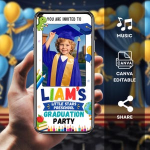 Blue Preschool Graduation Video Invitation, Pre-K Grad Digital Invites, Kids Editable Template, Graduation Evite, Instant Download